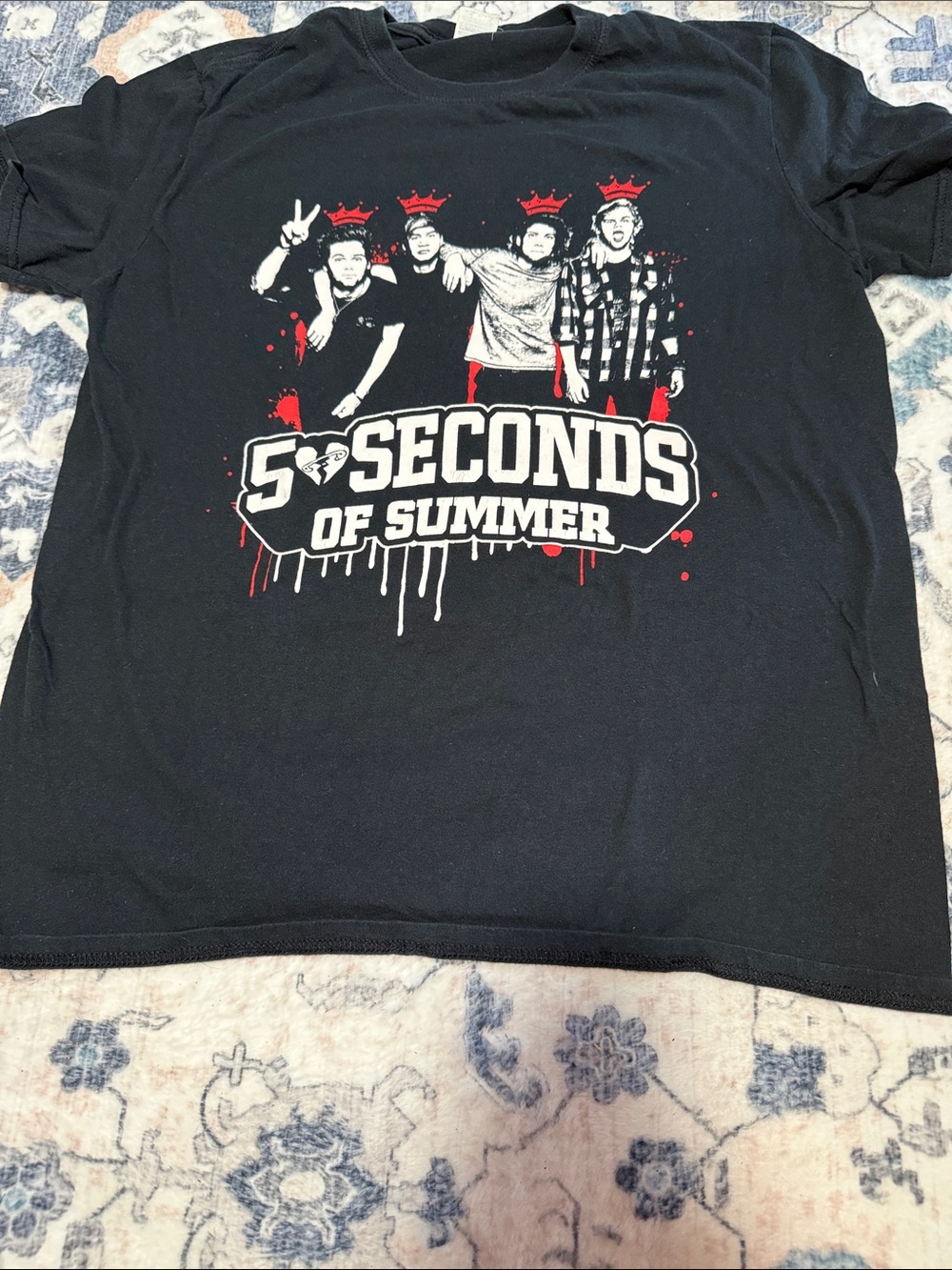5 Seconds Of Summer Black Tee with Red & White Band Graphic